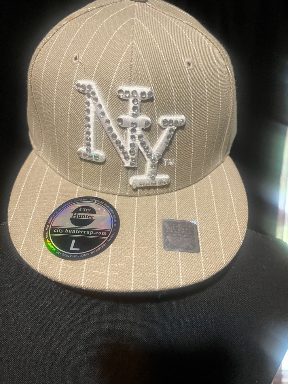 Hunter Beige Pinstripe NY Rhinestone Baseball Cap